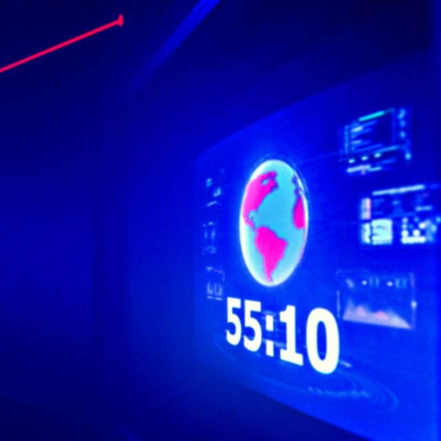 Écran bleu affichant un globe et un compte à rebours de 55 minutes, laser rouge, salle La reine rouge, Wood Escape