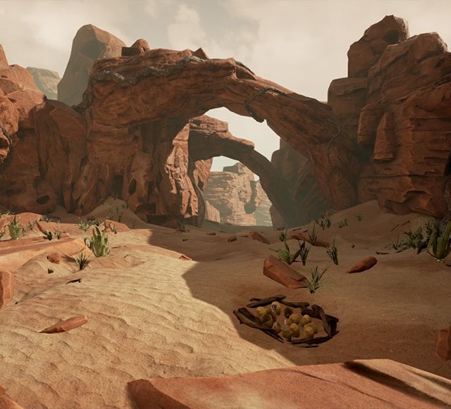 Arche de roche rouge dans un paysage désertique, scène en 3D de la salle Time Travel, Virtual Room à Saran
