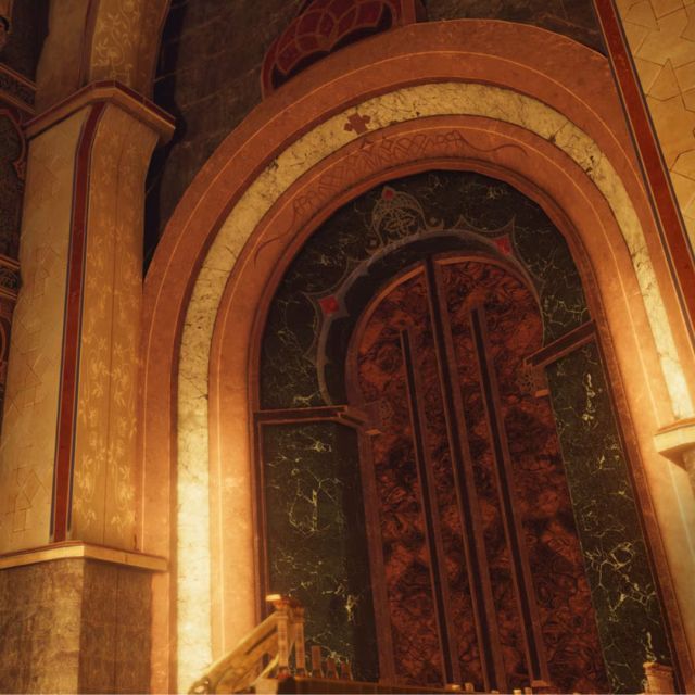 Grande porte voûtée en bois rouge entourée de piliers dorés ornés, salle Prince of Persia chez Inoui VR