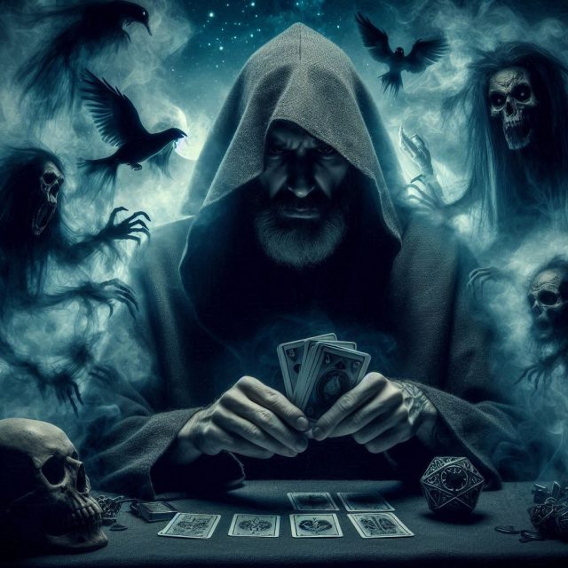 Silhouette encapuchonnée battant des cartes entourée de corbeaux et de crânes, salle Esprit es-tu là, Riddle Room