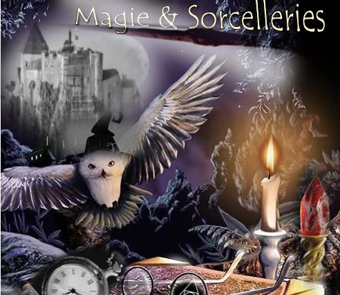 Affiche Magie & Sorcelleries : chouette blanche, château dans la brume, bougie et grimoire