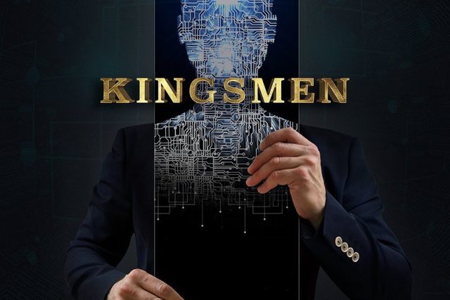 Affiche Kingsmen : homme en costume tenant un panneau, visage en circuits bleus, Turing Escape Game à Guérande