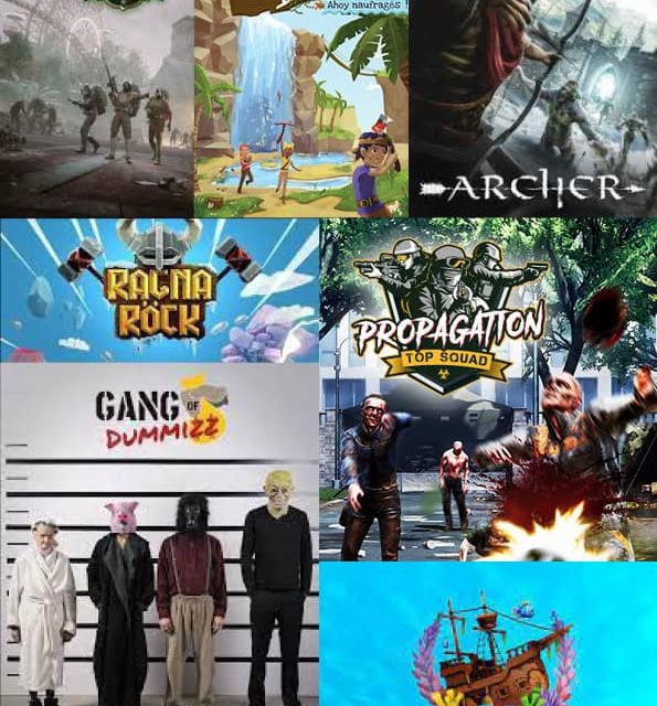 Collage de huit affiches de jeux en réalité virtuelle dont Archer, Ragna Rock et Propagation, enseigne Cérébra VR à Mérignac