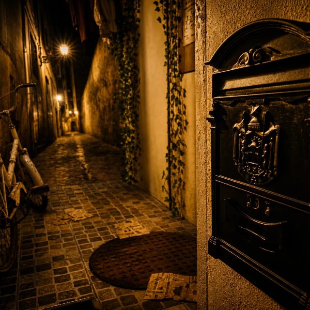 Ruelle pavée éclairée de lampadaires avec un vélo et une boîte aux lettres noire, salle Le retour de Sherlock Holmes à Osny