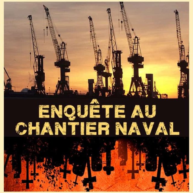 Silhouettes de grues de chantier naval au coucher de soleil, ambiance industrielle