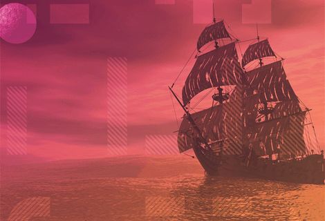 Galion à voiles sur une mer rose et orange au coucher du soleil, salle Le secret du pirate chez HintHunt à Paris
