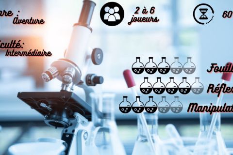 Fiche de la salle Le labo du Dr. Jursky à Cournon-d'Auvergne : microscope, fioles, 2 à 6 joueurs, 60 minutes