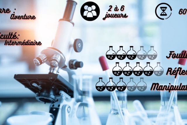 Fiche de la salle Le labo du Dr. Jursky à Cournon-d'Auvergne : microscope, fioles, 2 à 6 joueurs, 60 minutes