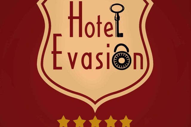 Logo de Hôtel Évasion, escape game à Vannes, fond rouge avec épingle et cadran