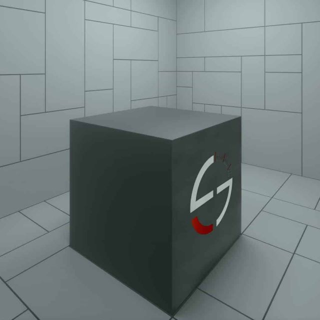 Cube sombre posé dans une salle blanche à panneaux, décor de la salle Enigmarium chez E-Scape Project à Dieppe