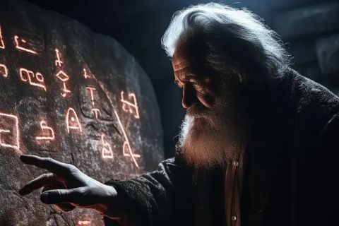 Vieil homme à barbe blanche effleurant une pierre couverte de signes lumineux, salle La Sentinelle