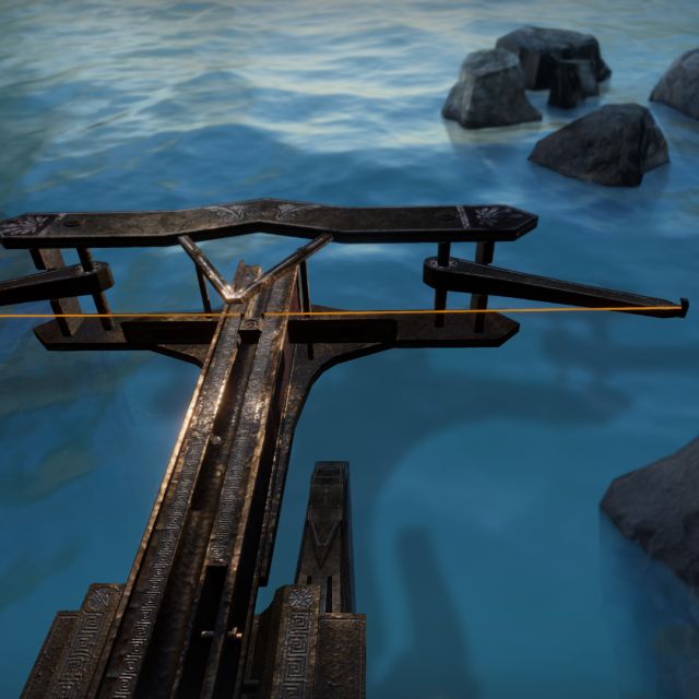 Baliste en bois au-dessus d'une eau bleue parsemée de rochers, salle Beyond Medusa's Gate chez Inoui VR