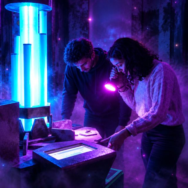 Deux joueurs inspectent des éléments luminescents dans une ambiance futuriste chez Pandore & Associés à Paris