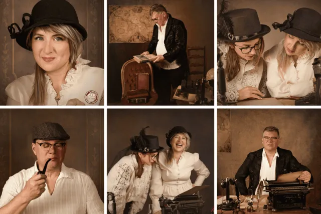 Six portraits de joueurs en tenues d'époque, chapeaux, pipe et machine à écrire, salle Le bureau de S.H., D.R.P Studio Photo