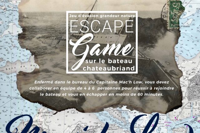 Bateau Châteaubriand sur cartes marines, bureau du Capitaine Mac'h Low, équipe enfermée cherchant à s'échapper