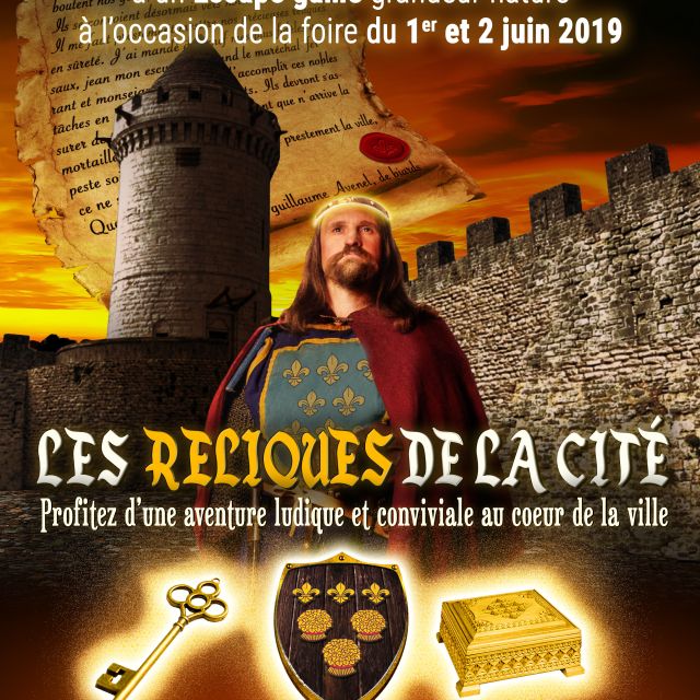 Affiche promotionnelle Déliroom Expérience avec personnage médiéval, château et reliques dorées