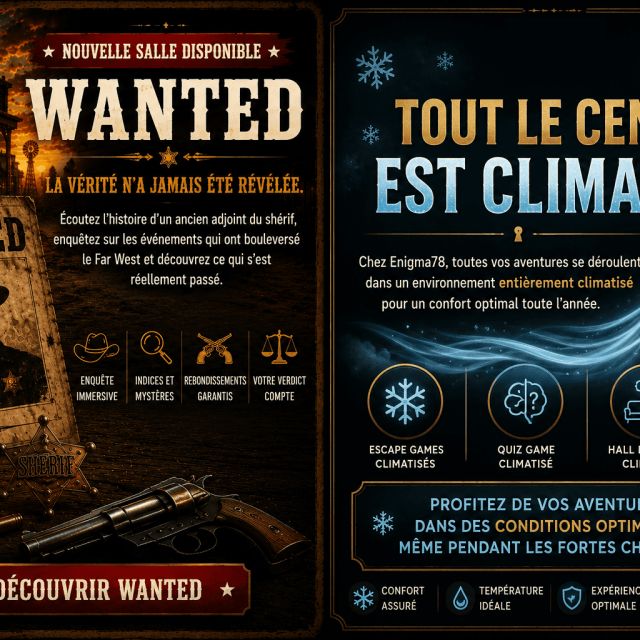 Affiche Wanted et mention Tout le centre est climatisé, avis de recherche de saloon, Victory Escape Game à Maurepas