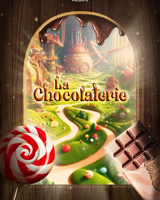 Affiche La chocolaterie : chemin vert sinueux, sucette et tablette de chocolat dans une arche, Team Break à Lille