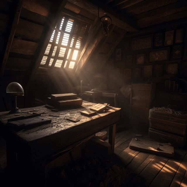 Grenier poussiéreux, bureau et malles sous un rai de lumière, Le mystère du serpent d'or