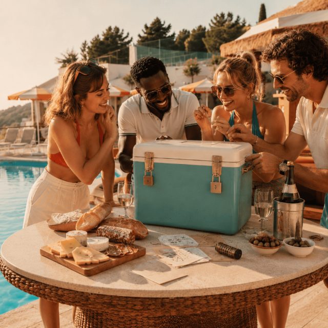 Quatre amis autour d'une glacière turquoise et d'une planche apéro au bord d'une piscine, salle Glacière Apéro, Smart Escape Game