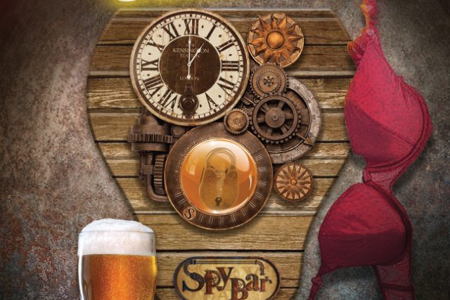 Affiche Tournée générale : horloge à rouages, verre de bière et néon rouge, salle chez Mystery O'Clock à Brest