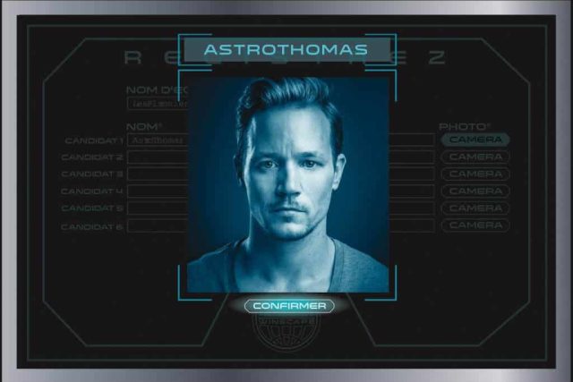 Écran de sélection futuriste avec portrait d'homme et interface de candidature dans Fast Action