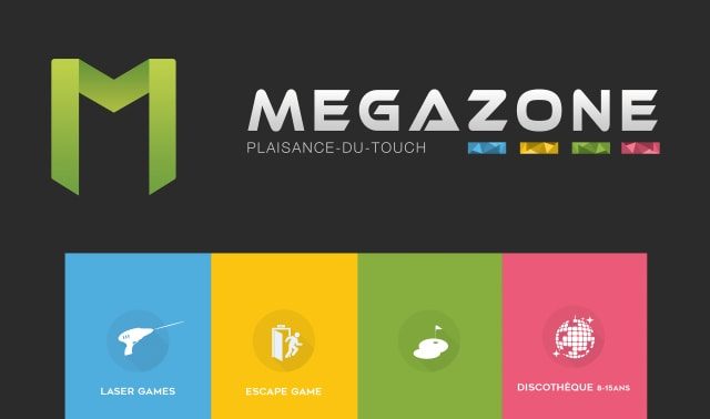 Logo de Megazone Toulouse avec quatre activités : laser games, escape game, minigolf, discothèque