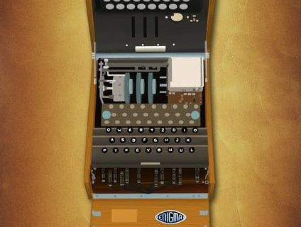 Machine Enigma en bois sur fond orange, décor historique de la salle Enigma