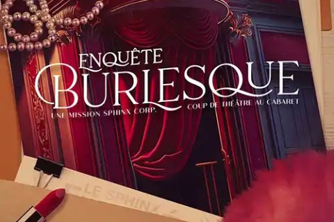 Affiche Enquête Burlesque, coup de théâtre au cabaret : rideau rouge, perles et rouge à lèvres
