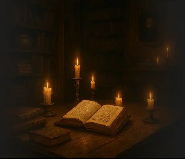 Grimoire ouvert illuminé par des bougies dans une atmosphère gothique sombre