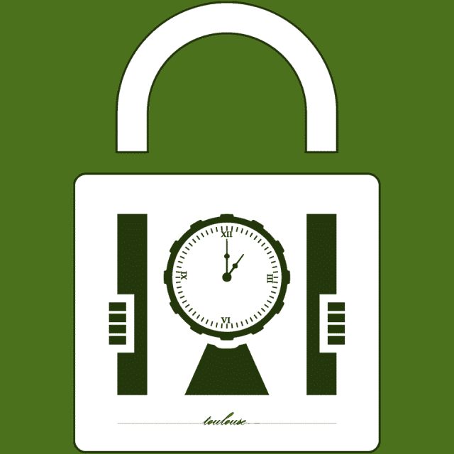 Cadenas blanc avec horloge et colonnes vertes, logo de La Cellule escape game à Toulouse