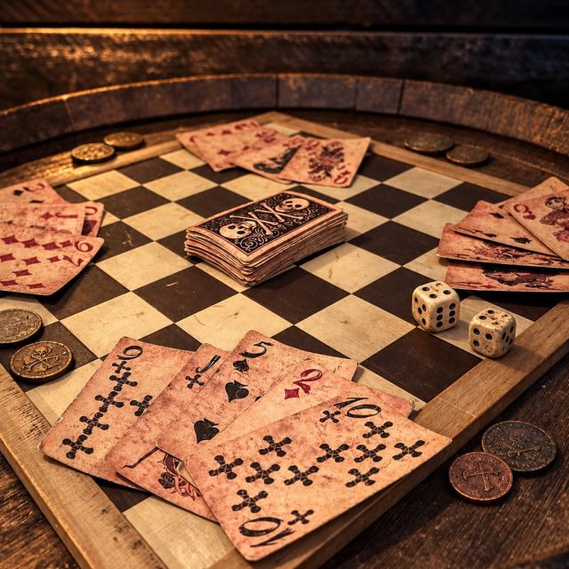 Jeu de cartes vieillis, dés et pièces de monnaie sur plateau à damier du Bad Fortune