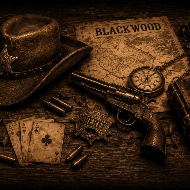 Chapeau de cow-boy, revolver, cartes à jouer et cartouches sur une table, salle Wanted chez Victory Escape Game Maurepas