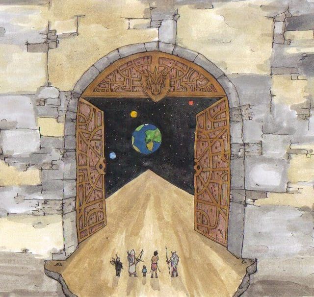 Peinture d'un portail sculpté dans un mur de pierres jaunes donnant sur l'espace, salle Le Temple chez Les Mystères De L'Est