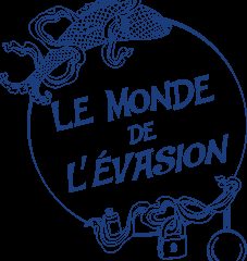 Logo de Le Monde De L'Évasion, escape game à Villemandeur : tentacule bleu, cadenas et loupe dans un cercle