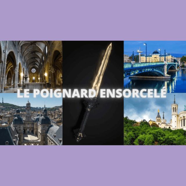 Mosaïque de lieux lyonnais autour d'un poignard sombre, titre Le poignard ensorcelé, salle Hunting Town à Lyon