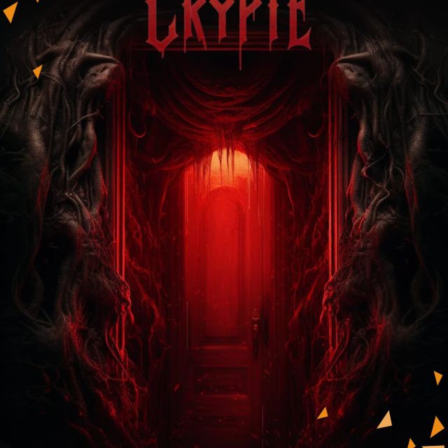 Porte rouge luminescente encadrée de sculptures sombres, salle La Crypte à Crolles