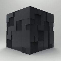 Cube noir en blocs imbriqués sur fond gris clair, visuel de l'enseigne La boite, escape game à Paris