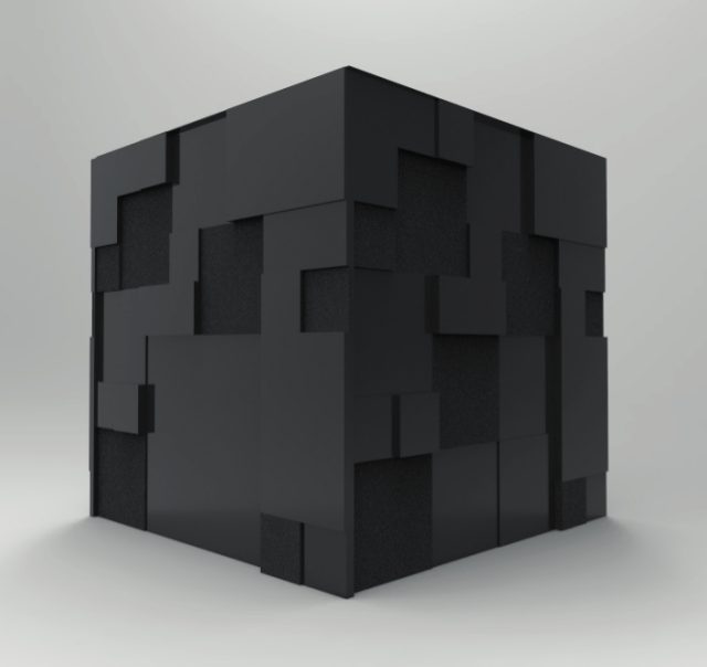 Cube noir en blocs imbriqués sur fond gris clair, visuel de l'enseigne La boite, escape game à Paris