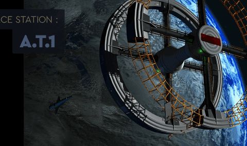 Station spatiale A.T.1 en orbite, hublots et structures métalliques futuristes
