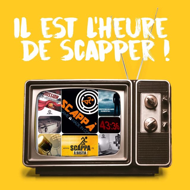 Écran de télévision rétro affichant les visuels des salles de Scappà à Furiani