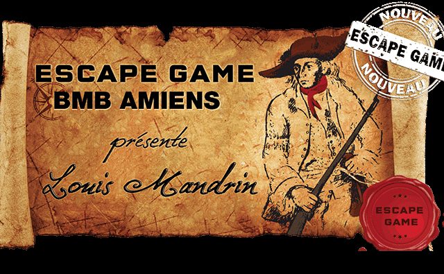 Parchemin usé avec portrait d'homme au chapeau et fusil, branding BMB Amiens, thème historique