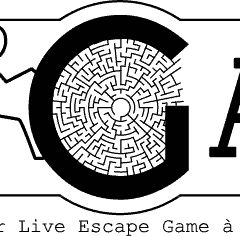Logo de IRL Games, escape game à Angers : lettres noires autour d'un bonhomme et d'un labyrinthe en G