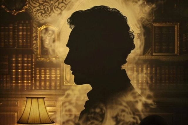 Affiche Le bureau de Sherlock : profil d'homme en ombre devant une bibliothèque dorée, Escape Factory à Guérande