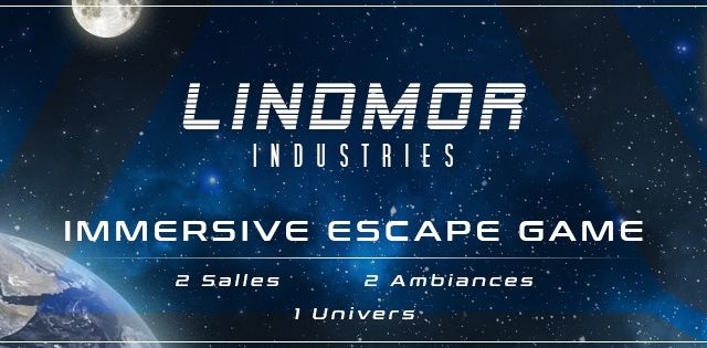 Bannière spatiale Lindmor Industries avec la Terre en bas, 2 salles 2 ambiances, Plaisance-du-Touch