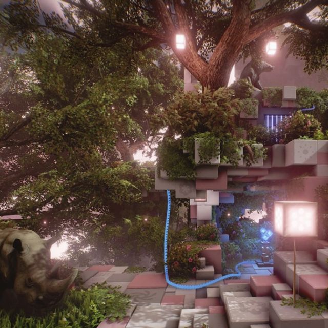 Rhinocéros près d'un grand arbre et de cubes lumineux roses, décor virtuel de la salle Jungle Quest chez Inoui VR