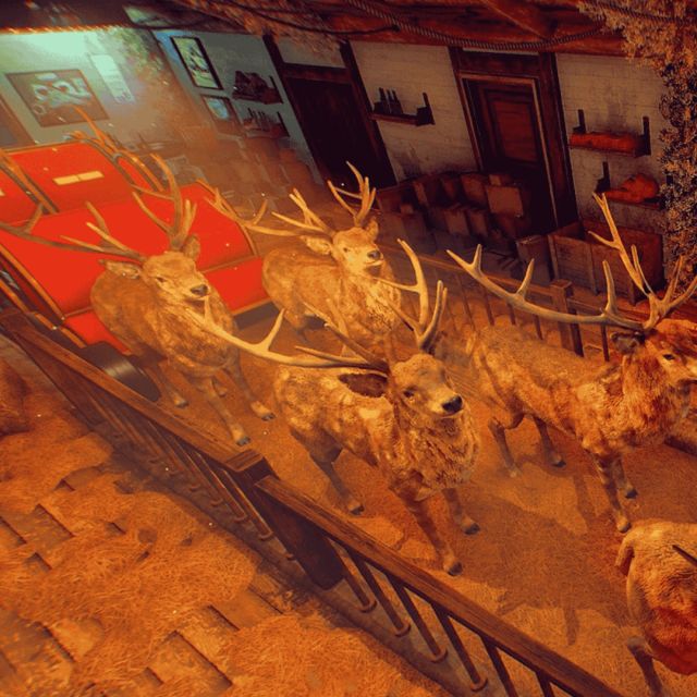 Atelier orangé du Père Noël avec traîneau et rennes à l'avant, étagères d'objets au fond, salle Christmas chez Inoui VR