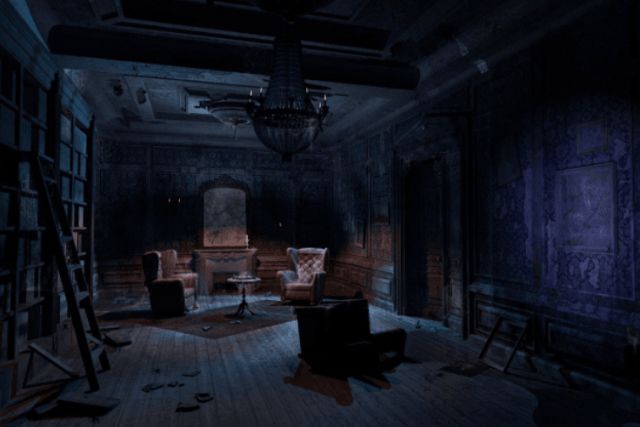 Grande salle sombre aux teintes bleutées avec bibliothèque et fauteuils, salle Le refuge des survivants, Secret escape