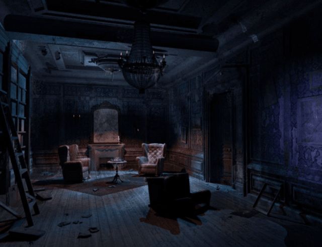 Grande salle sombre aux teintes bleutées avec bibliothèque et fauteuils, salle Le refuge des survivants, Secret escape