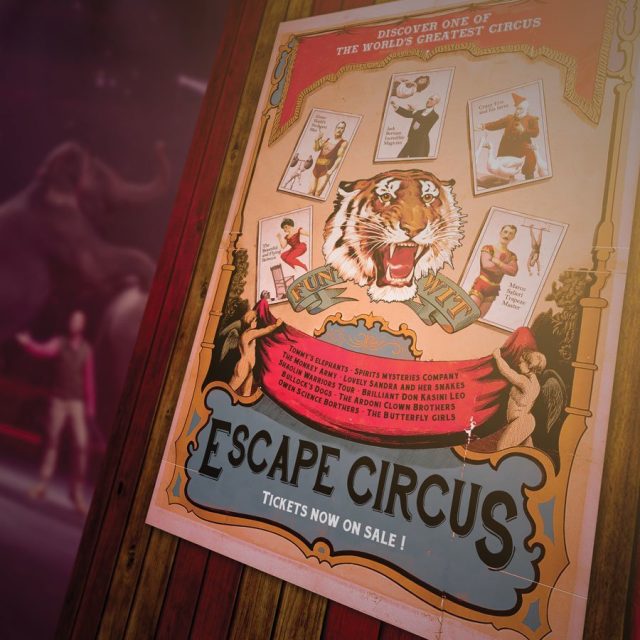 Affiche du cirque avec tigre et artistes de cirque vintage, Escape Circus